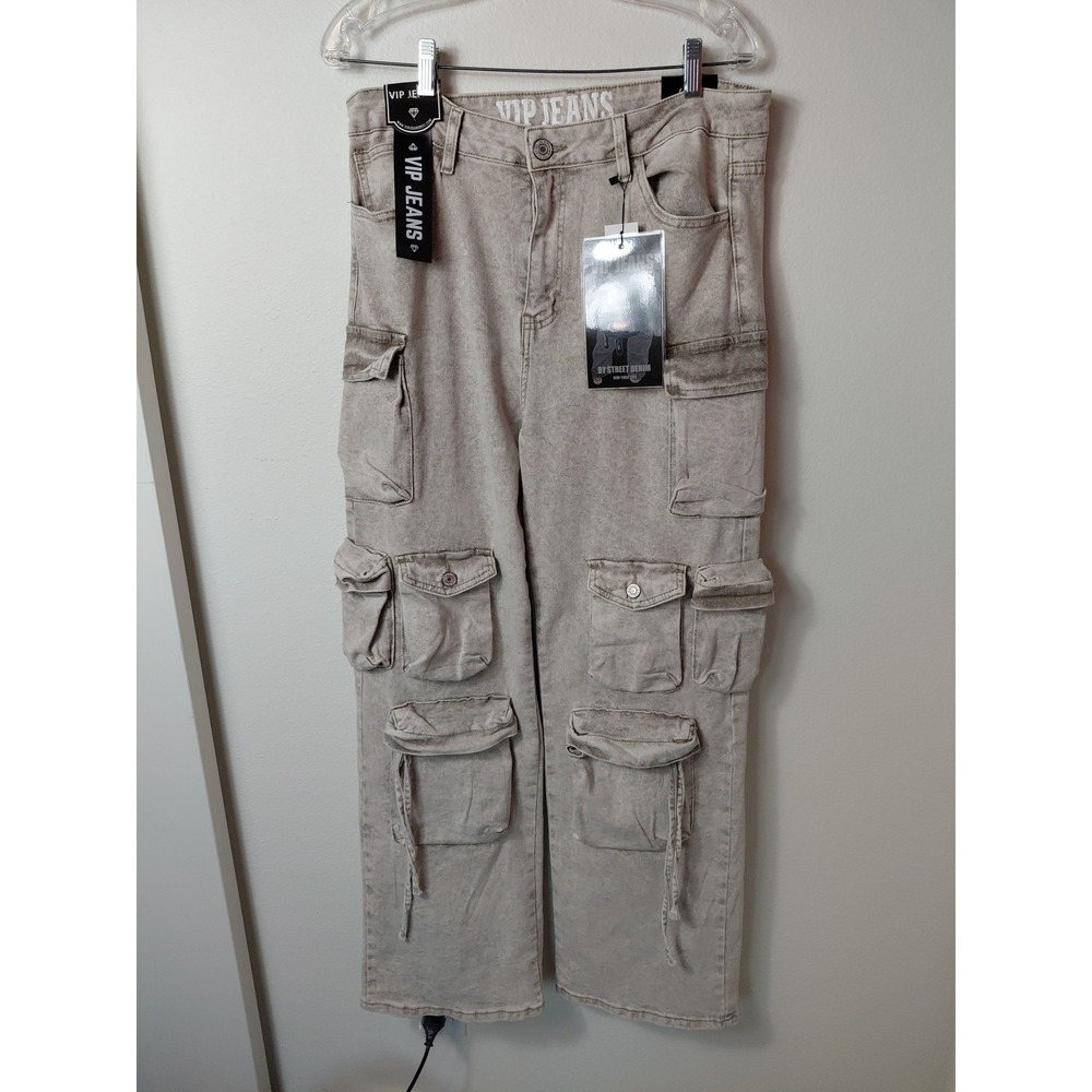 NWT- VIP Jeans Cargo Pants Size17/33 Tan Tech Pocket Street Rave Y2k Skater Goth